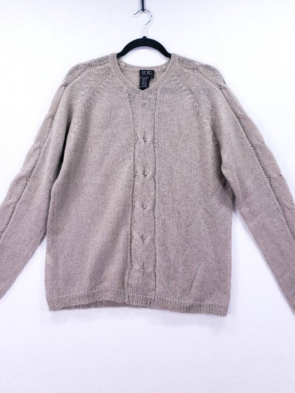 BCBG MaxAzria Sweater Kid Mohair Blend Men Small Beige Knit V Neck Lightweight